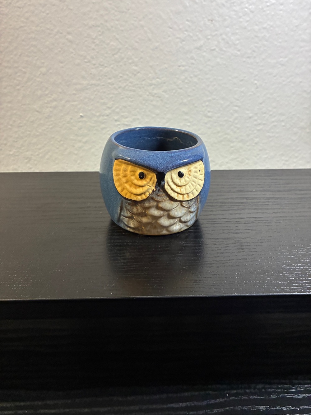 Mini Owl Succulent or Houseplant Planter Ceramic Stoneware Blue 2 5/8”